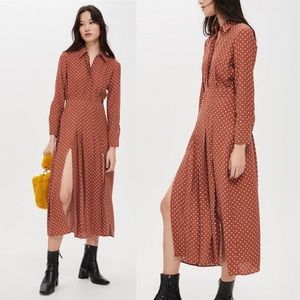 Topshop Rust White Polka Dot Collared Midi Dress